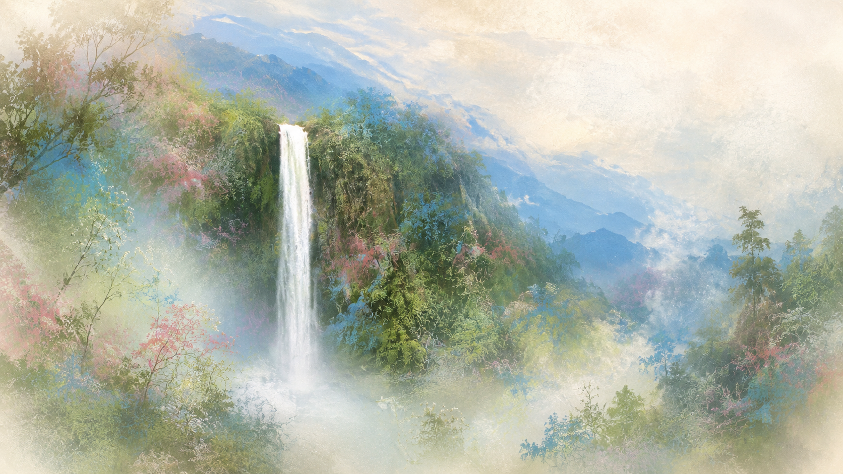 A dreamlike waterfall descending through mossy cliffs and pale blue mist